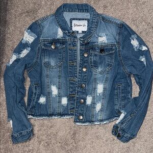 Blue Ripped Distressed Cropped Denim Jacket